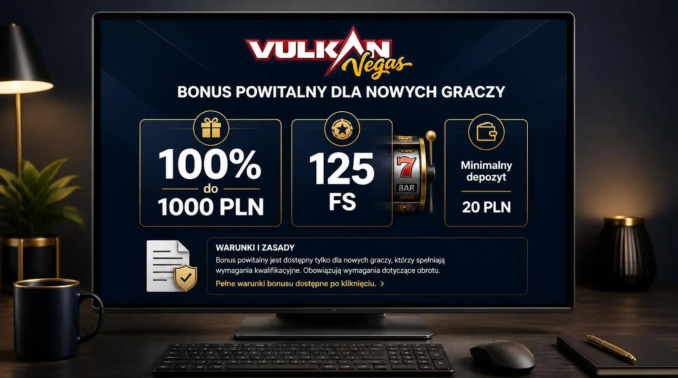 Panel bonusu powitalnego z ofertą 100% do 1000 PLN, 125 darmowymi spinami i minimalnym depozytem 20 PLN